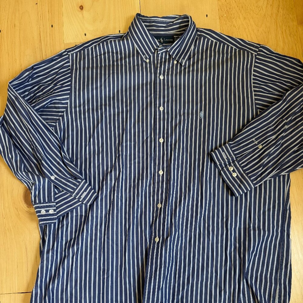 Men’s Ralph Lauren Dress Shirt Size 17 32/33 Blue White Striped Long Sleeve Clas